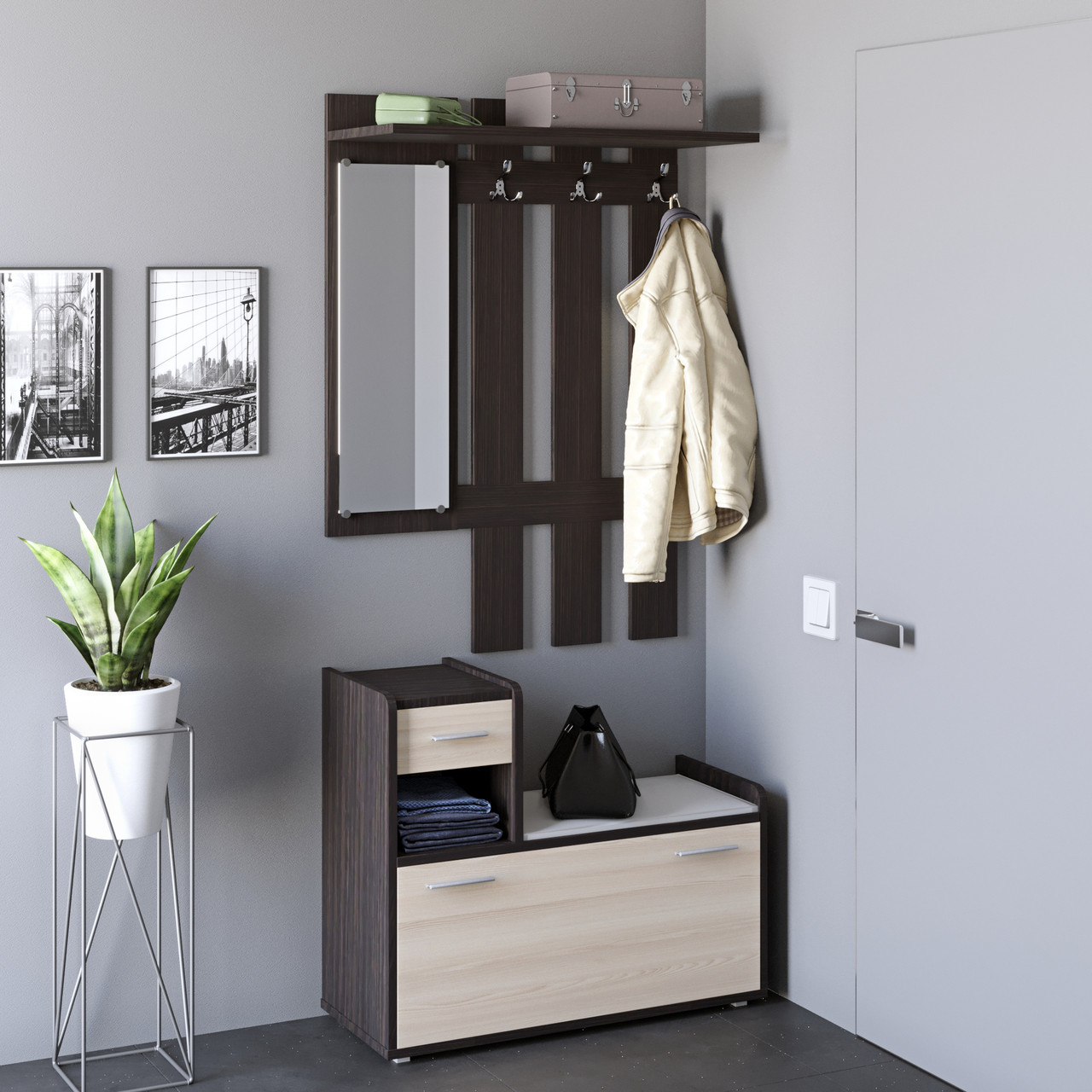 Передпокій Еверест Тандем з вішалкою та тумбою (ліва) для взуття венге + дуб молочний (DTM-2199), фото 1