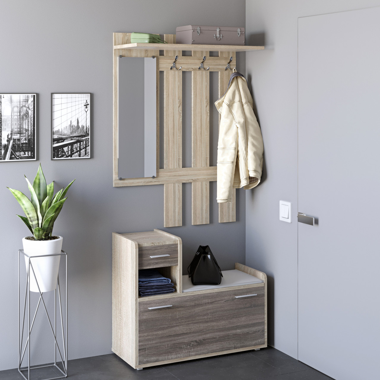 Передпокій Еверест Тандем з вішалкою та тумбою (ліва) для взуття сонома + трюфель (DTM-2200), фото 1