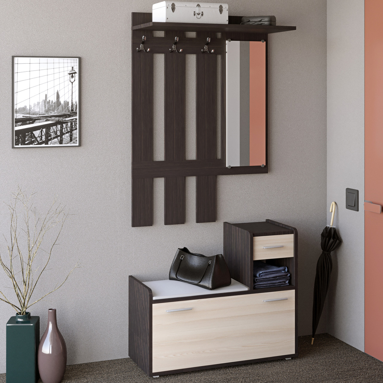 Передпокій Еверест Тандем з вішалкою та тумбою (правий) для взуття венге + дуб молочний (DTM-2456), фото 1