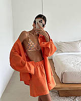 Летний базовый женский льняной костюм шорты + рубашка (в расцветках и размерах 42-44 и 46-48) Оранжевый, 46/48