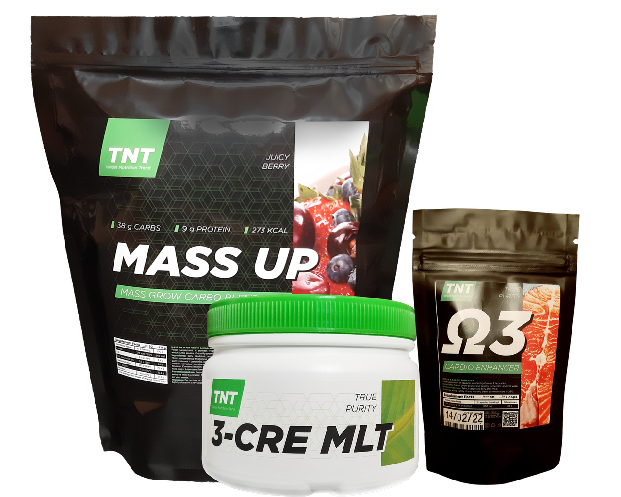 Комплект: Гейнер Mass Up TNT Nutrition. Пакет 2,5 кг смак соковита ягода. Креатин 0,3 кг. Omega-3, фото 1