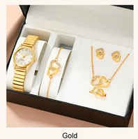 Набор женских украшений сердечки под золото, часы наручные золотые