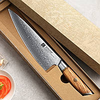 Кухонный Шеф Нож из Дамасской Стали серии "LAN" Оливковое Дерево XINZUO Профессиональный нож ручной работы