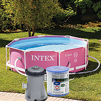 Шестиугольный каркасный круглый бассейн 244x76см с картрижным фильтром объем 2843 литров Розовый (Intex 28292)