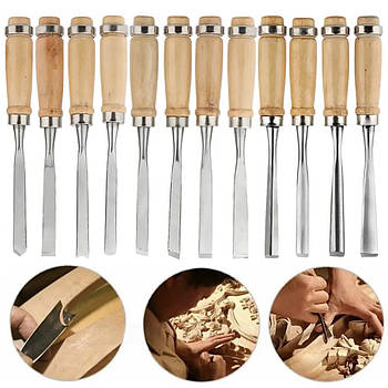 Набір різців по дереву, 12шт, в чохлі / Набір стамесок для різьблення по дереву / Токарні різці по дереву