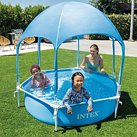 Детский Каркасный бассейн круглый с навесом и разбрызгивателем183x38см объем 700 литров Синий (Intex 28209)