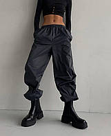 Женские широкие штаны карго на затяжках с карманами из плащевки (черные, серые, бежевые) 42-46 размер