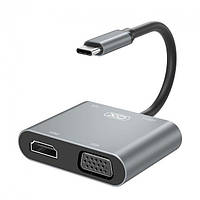 USB-хаб XO HUB001 4 IN 1 Type-С to HDMI/VGA/USB3.0 /PD charging Silver