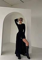 Чорна жіноча базова облягаюча довга сукня-максі з віскози з розрізом з довгими рукавами-клеш