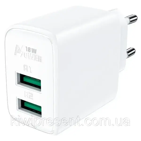 Адаптер живлення для телефону Acefast A33 QC18W White (USB-A+USB-A) | Блок живлення для швидкого заряджання через USB