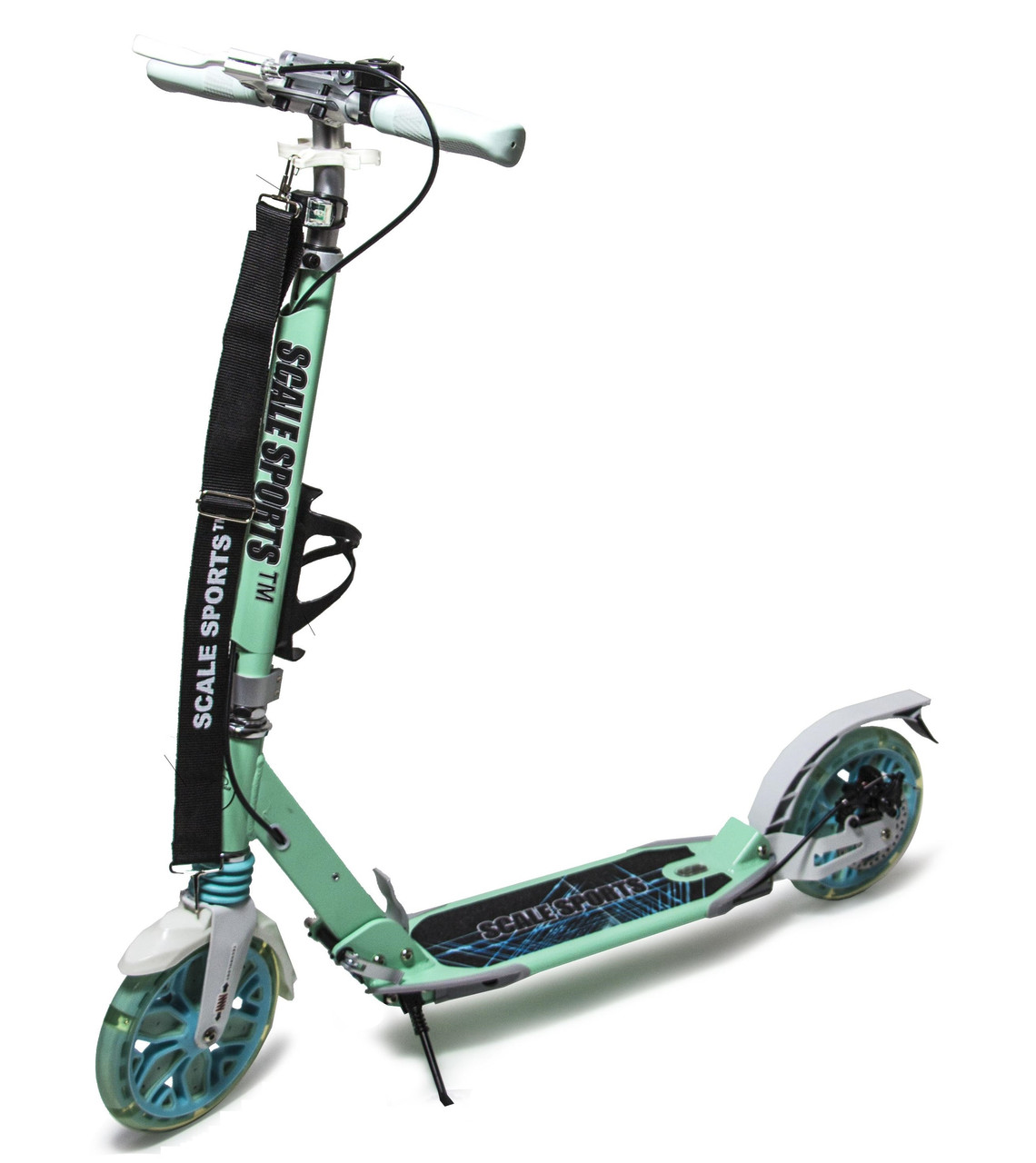 Cамокат Scale Sports SS-27 на дискових задніх гальмах + ліхтарик + дзвіночок. Колеса світяться. М'ятний