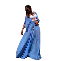 Пляжная женская накидка голубого цвета длинная с рукавом