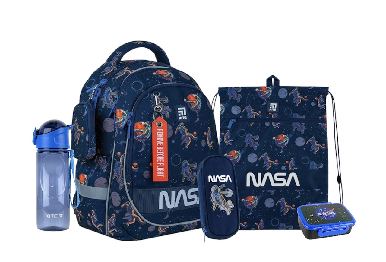Шкільний набір Kite Education NASA (рюкзак, пенал, сумка, ланчбокс, пляшка) 38x28x16 см ,18 л