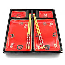 Набір посуду для подачі суші з кераміки на 2 персони 28х28,3х3,5 см Ієрогліфи на червоному тлі, фото 3