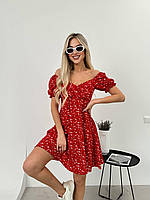 Нежное летнее платье с открытыми плечами короткое, красное (размеры 42, 44, 46, 48)
