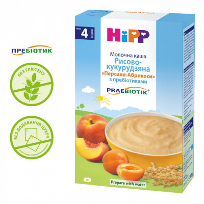 Детская каша HiPP молочная Рисово-кукурузная Персики-Абрикосы с пребиотиками 2 9062300140092 ZXC - фото 1 - id-p2199041968