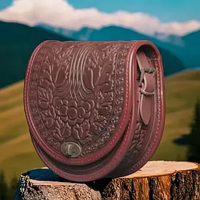 Жіноча шкіряна сумка ручної роботи з тисненим орнаментом «Калина», бордова сумка з натуральної шкіри, 20*21*8 см