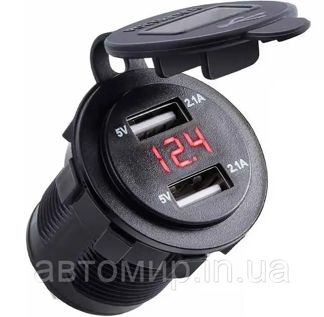 Автомобільна врізна зарядка, с 2 USB та з вольтметром червоного кольору 12/24В з вихідом 2.1А та 1А, фото 1