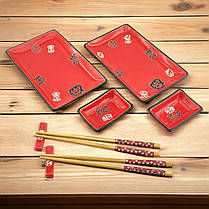 Набір посуду для подачі суші з кераміки на 2 персони 28х28,3х3,5 см Ієрогліфи на червоному тлі, фото 4