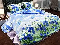 Натуральная постельная ткань 220см набивная голубая Бязь Gold Lux цветочный принт с васильками, в рулоне 50м
