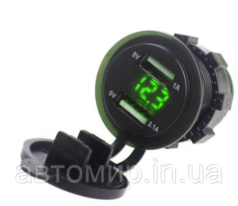 Автомобільна врізна зарядка, с 2 USB та з вольтметром зеленого кольору 12/24В з вихідом 2.1А та 1А, фото 1