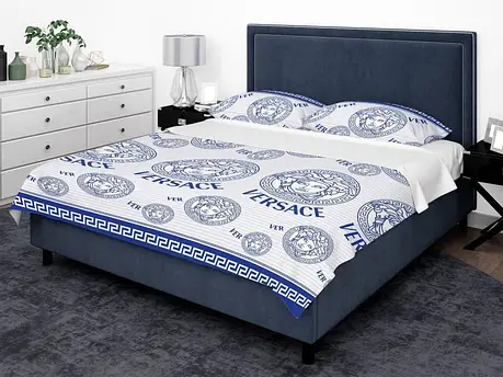 Тканина для постільної білизни Бязь "Gold" Lux GL3694blue (50м) брендовий принт на світлому (синій), фото 1