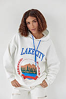 Утепленное худи с принтом и надписью Lake city - молочный цвет, L (есть размеры) tn