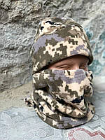 Комплект флисовая шапка с баффом пиксель/ Флисовая шапка+шарф-труба для военных цвет пиксель