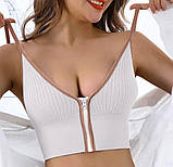 Жіночий топ на блискавці з бретельками, білий  укорочений топ зі знімними чашками, літній трикотажний топ S, фото 3