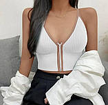 Жіночий топ на блискавці з бретельками, білий  укорочений топ зі знімними чашками, літній трикотажний топ S, фото 6