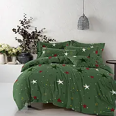 Рулон Бязь Gold Lux зелена з принтом зірки (50 м), новорічна тканина для пошиття постільної білизни