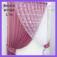 Комплект штор для кухни Шифоновые занавески Тюль короткая из шифона Хорошие гардины батист для кухни Розовый