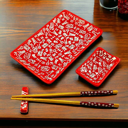 Керамічний набір для суші 4в1 тарілка, соусниця, палички для їжі, підставка під палички 28х14 см, фото 1