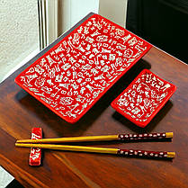 Керамічний набір для суші 4в1 тарілка, соусниця, палички для їжі, підставка під палички 28х14 см, фото 2