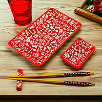 Керамічний набір для суші 4в1 тарілка, соусниця, палички для їжі, підставка під палички 28х14 см, фото 4