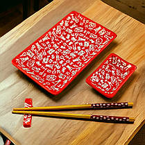 Керамічний набір для суші 4в1 тарілка, соусниця, палички для їжі, підставка під палички 28х14 см, фото 5