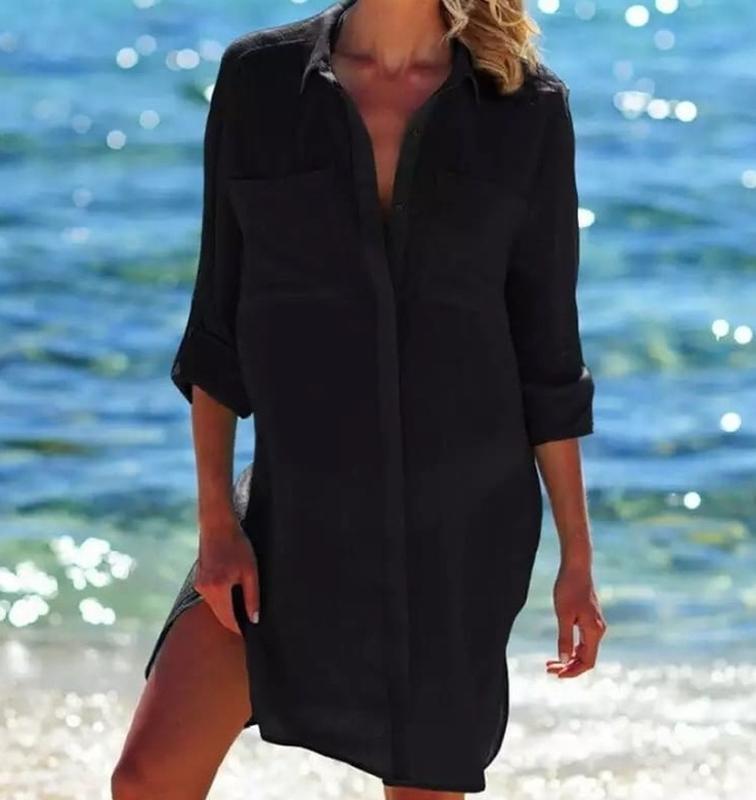 Пляжна жіноча сорочка чорного кольору, накидка з довгими рукавами та кишенями, фото 1