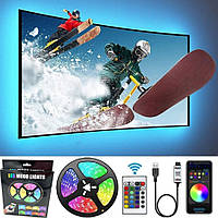 Bluetooth світлодіодна LED стрічка RGB 5050 для фонової підсвітки телевізора. Пульт, блютуз від USB 5 метрів
