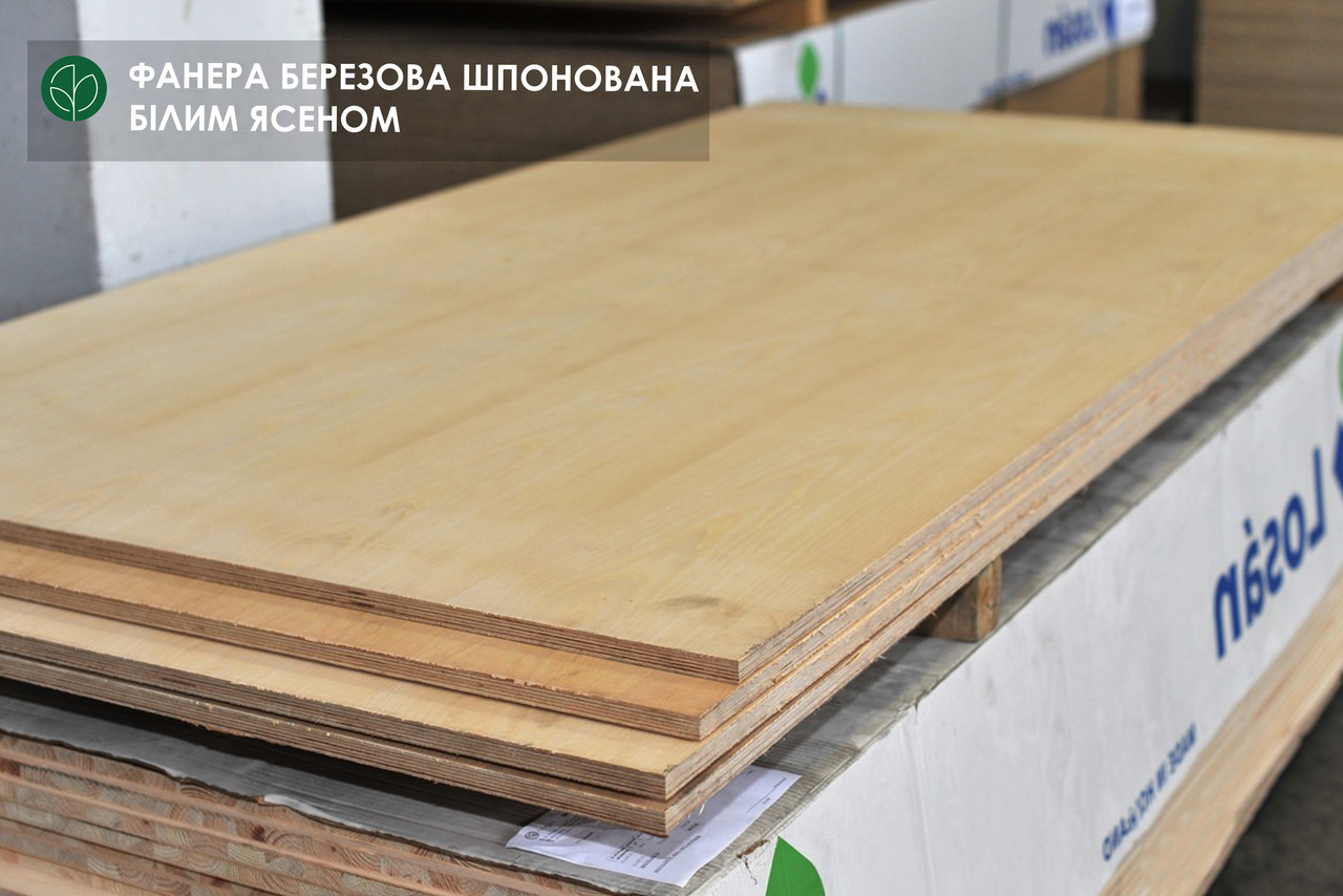 Фанера березова, шпонована білим ясеном, І/ІІ — 19 мм 2,5х1,25 м / 1 лист = 3, 125 кв.м., фото 1
