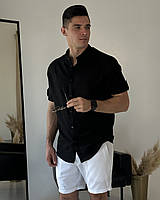Мужской летний льняной костюм Шорты Рубашка повседневный комплект на лето Casual черно-белый