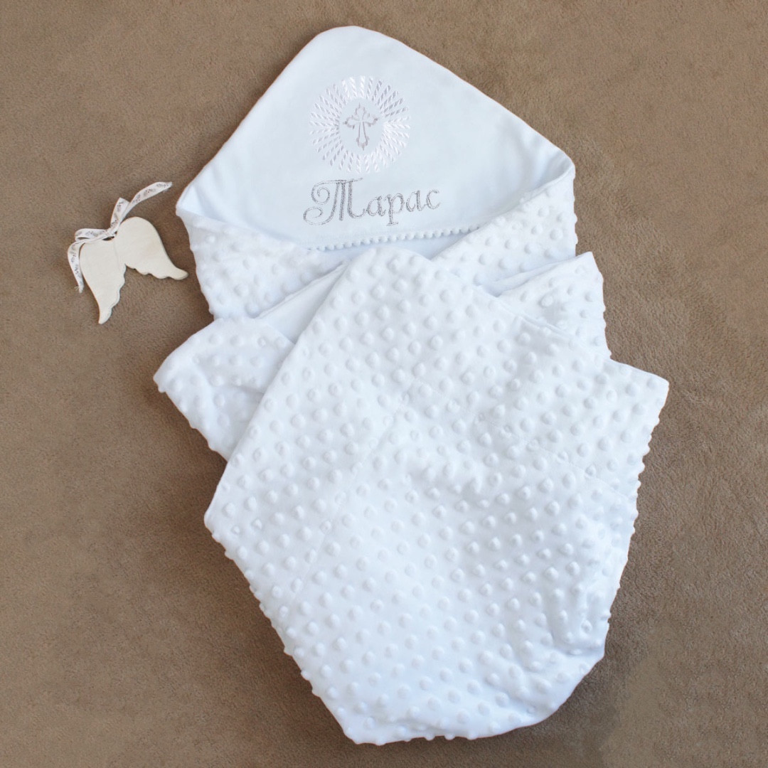 Крижма іменна з мінкі плюшу біла для хрещення, фото 1