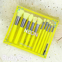 Набор неоновых кисточек для макияжа с косметичкой Ruby Face Neon Лимонный mid