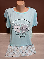Підліткова піжама для дівчинки Туреччина Котик Аніме футболка та шорти 12-18 років блакитна