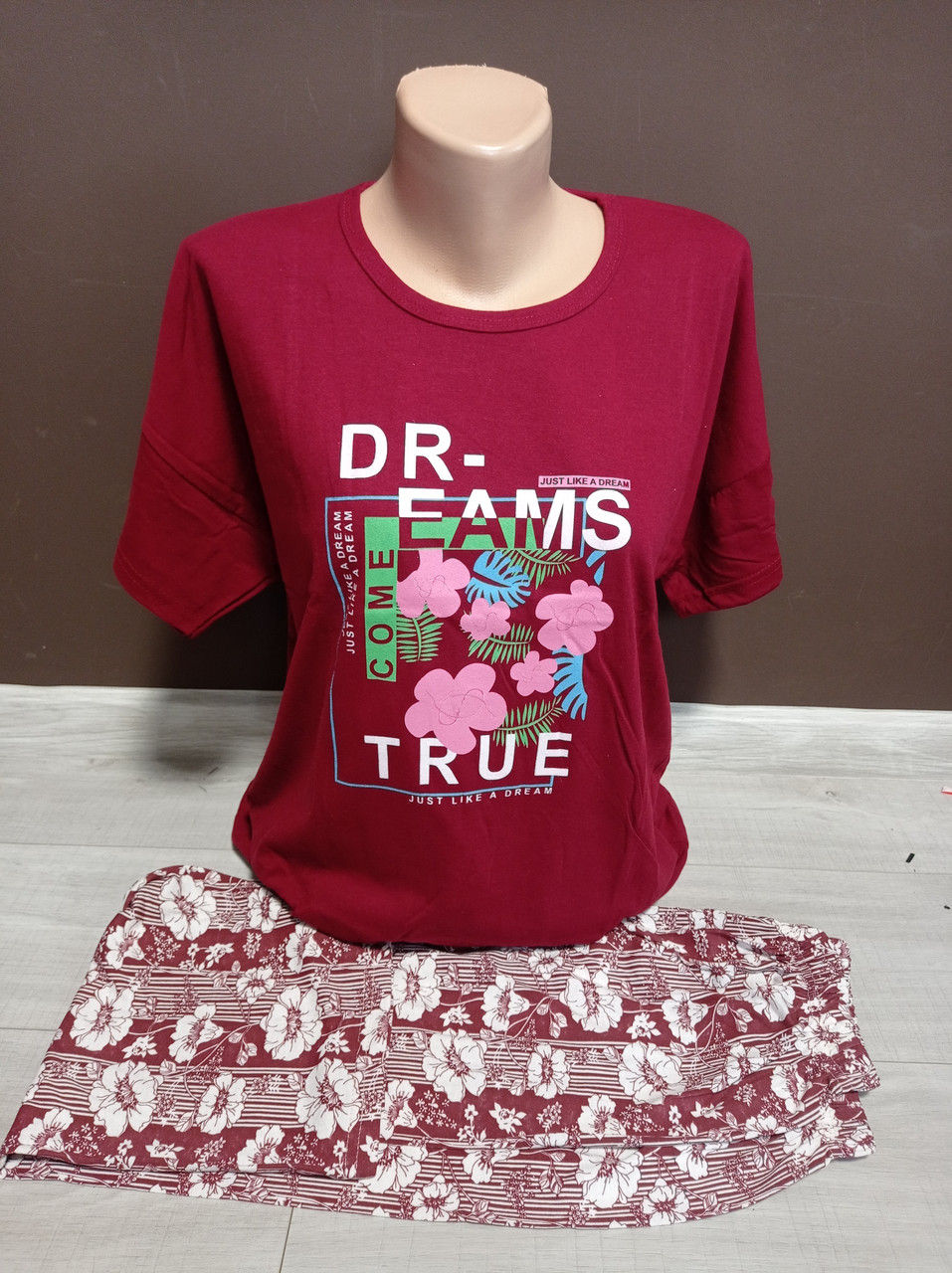 Комплект жіночий піжама туніка та бриджі Батал Туреччина Fancy 48-50 розміри бавовна бордо, фото 1