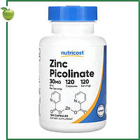 Пиколинат цинка, 30 мг, 120 капсул, Nutricost, США
