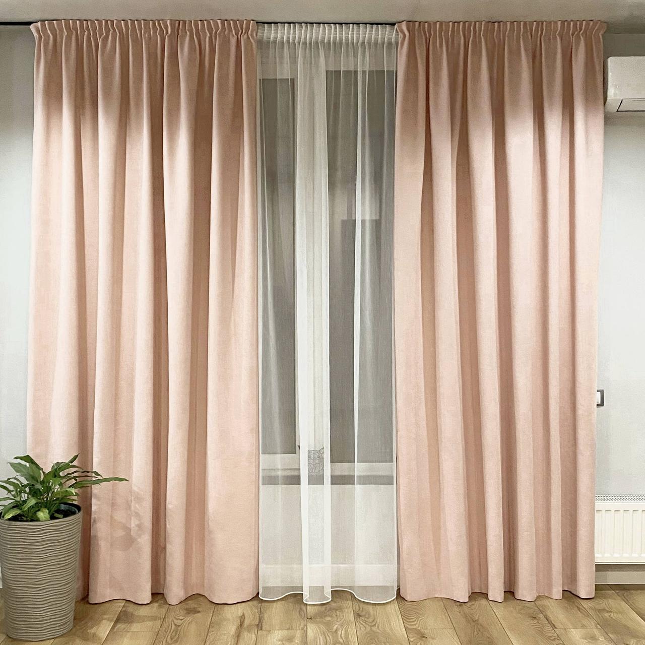 Комплект штори 2 шт 250х250 см мікровелюр Рожево-пудровий тюль бамбук 300 см Тепло-білий, фото 1