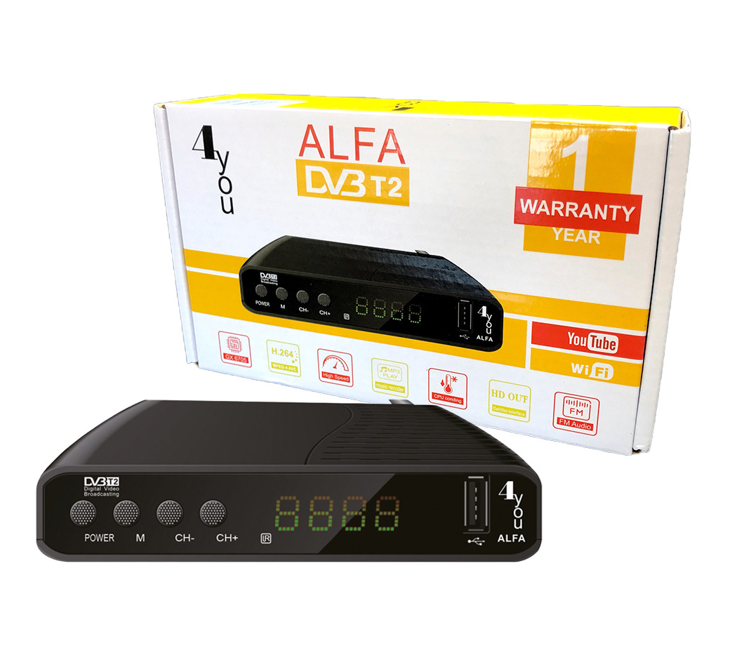 Цифровий ТВ тюнер DVB-T2 4you ALFA GX6705 для телевізора, покращене охолодження, 2usb
