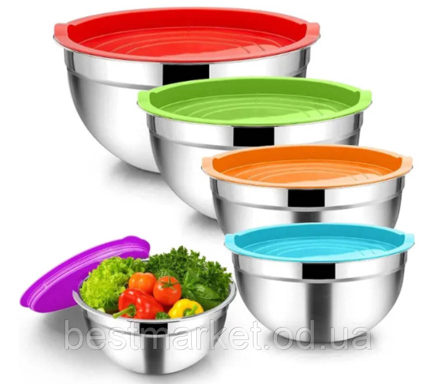 Набір мисок із неіржавкої сталі з кришками Edenberg EB-3636 5 шт., фото 1