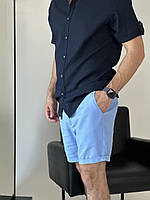 Костюм Шорты Рубашка из льна мужской летний льняной комплект Buz синий-голубой