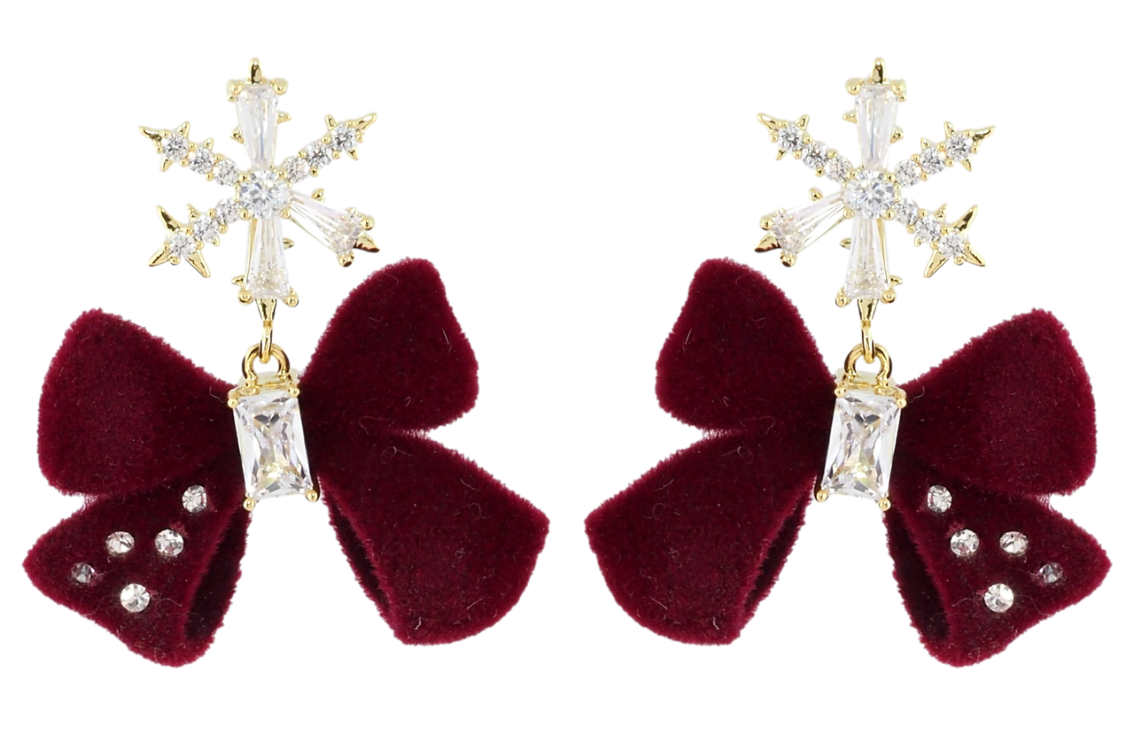 Сережки Xuping JEAN GOUJON Позолота 14K пусети «Кришталева сніжинка з оксамитовим бордовим бантом»